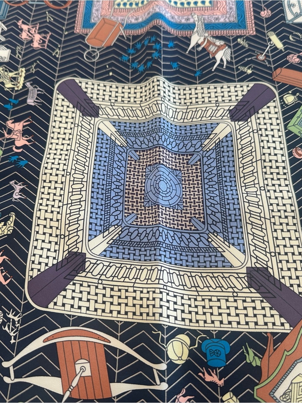 Hermes carre 90 silk scarf objects de curiosite new in box blue and orange motif - Picture 8 of 14